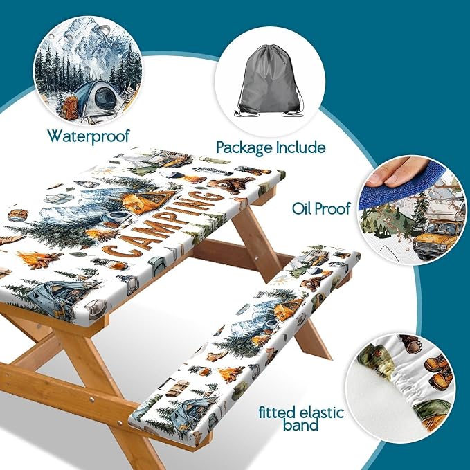 Picnic Table Cover with Bench Covers Camping Tablecloth Fitted Picnic Picnic Table Cover with Elastic Windproof Waterproof, Outdoor & Garden Camping Accessories Essentials 72In 3PCS