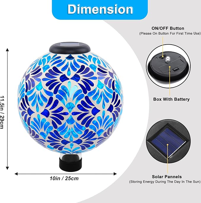 SAVENNA Mosaic Solar Gazing Ball 10 Inch, Glass Garden Globe with Auto On/Off for Yard, Lawn & Outdoor Decor, Blue Mosaic