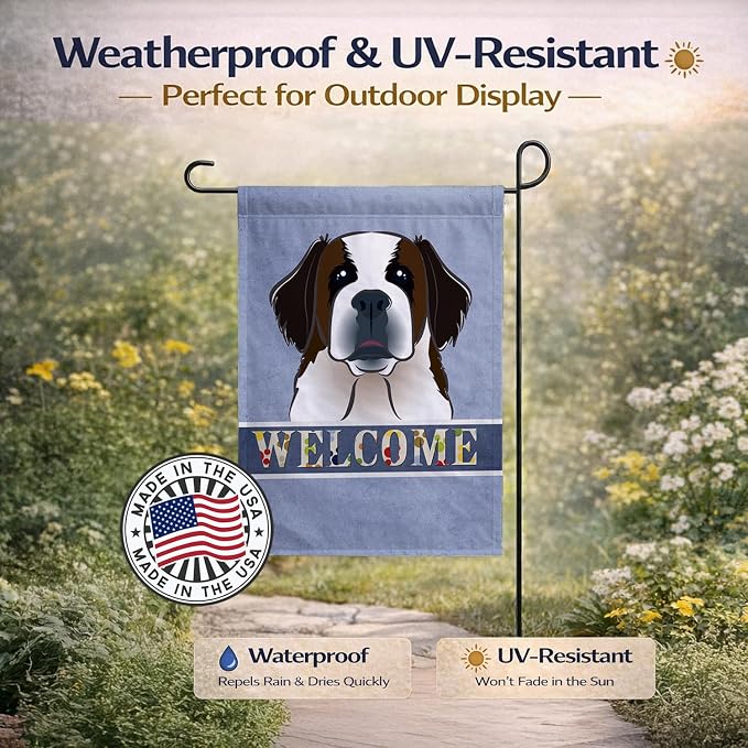 Caroline's Treasures BB1432GF Saint Bernard Welcome Garden Flag, Blue Mailbox Flag Decorative Yard Flag Banner Outside Patio Artwork Yard Flower Beds, Garden Size, Multicolor