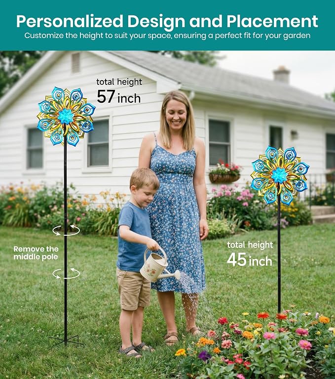 63" Solar Wind Spinners Outdoor, 13" Metal Kinetic Garden Art Decor | Artisan Hand-Crafted,Weather-Resistant,Heavy-Duty,Whisper-Quiet Bearings,Auto-Glow Solar Crackle,Stable 5-Prong Ground Stake
