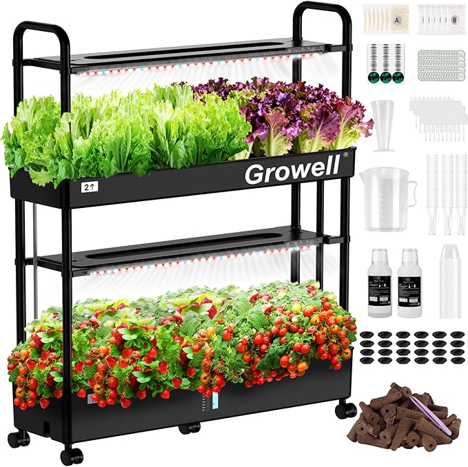 Growell 60 Pods Large Hydroponics Growing System, Vertical Indoor Garden | 2 Light Modes & 2 Timer, Smart Water Circulation, Movable with 4 Swivel Casters, 32L Large Water Tank, Space-Saving Design
