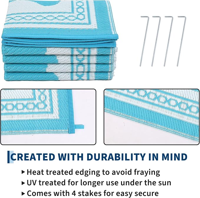 Garvee Outdoor Rug 5x8 Scalloped Waterproof Patio RV Outdoor Rugs Reversible Foldable Plastic Straw Rug Modern Camping Carpet for Deck Camper Porch Balcony Backyard Picnic Beach Light Blue