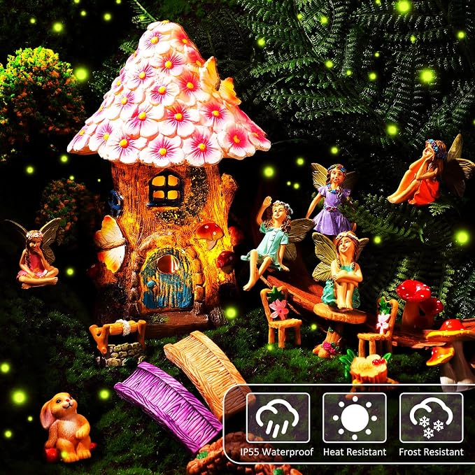 Poen 8'' Solar Light up Fairy House Garden 6-8 Fairy Figures Garden Accessories Kit Animals Doll House Decor Outdoor Micro Landscape Ornaments(Pink)