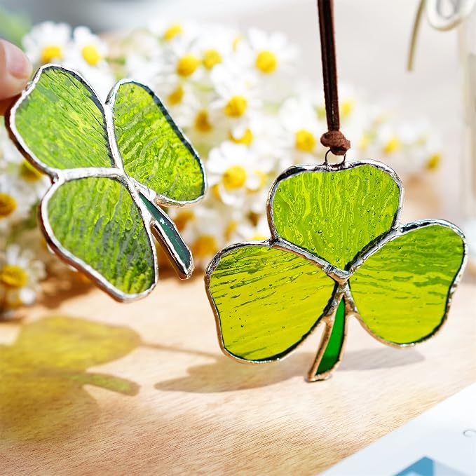 6pcs Hand-Blown Glass Ornaments Hanging Glass Gazing Balls and Handmade Stained Glass Shamrock Sun Catcher