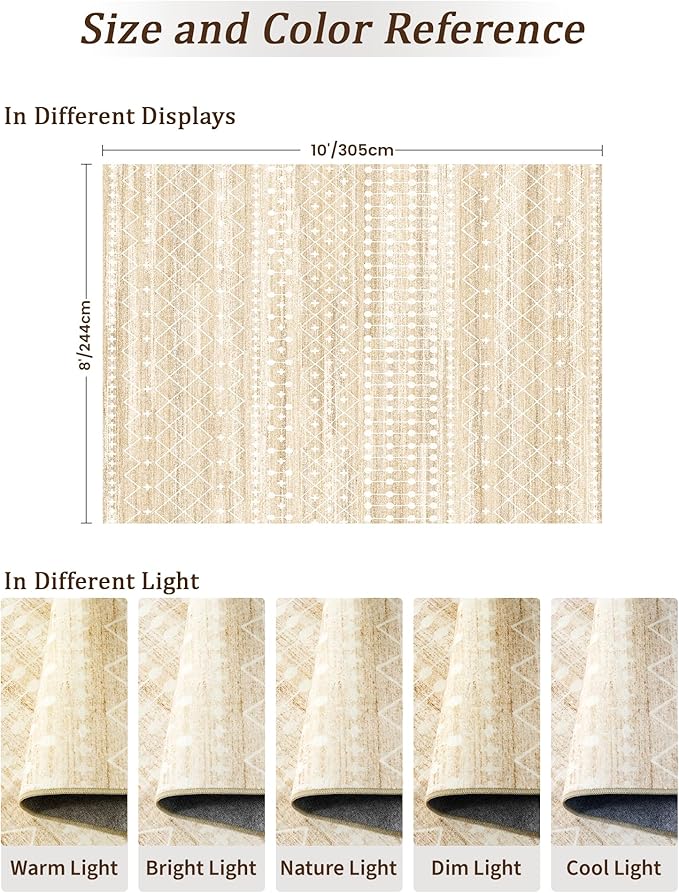 Miukiki 8x10 Area Rug for Living Room, Washable Soft Non Slip Rug Beige | Moroccan Large Indoor Rug for Kitchen Bedroom Dining Room Office, Low Pile Soft Floor Carpet Home Decor 8'x10'