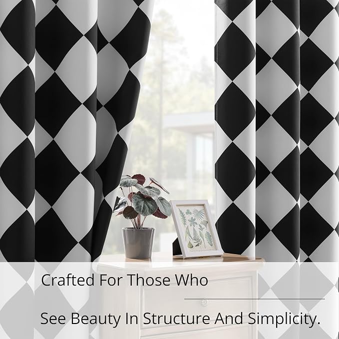 Black and White Diamond Pattern Blackout Curtains for Living Room, Modern Geometric Window Drapes, 100% Light Blocking Curtains for Bedroom, Grommet Top 52 x 84 Inches, 2 Panels