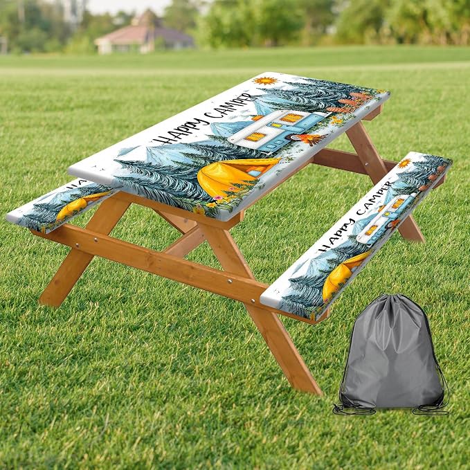 NYMB Picnic Table Cover with Bench Covers Elastic Edges, Camping Essentials Waterproof Windproof Camping Tablecloth with Drawstring Bag, Fitted Rectangle Tables and Seats, 30x96in