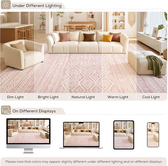 Nakagishi Area Rug Living Room Rugs: 6x9 Large Soft Machine Washable Boho Moroccan FarmNeutral Stain Resistant Indoor Floor Carpet for Bedroom Under Dining Table Home Office Decor-Pink