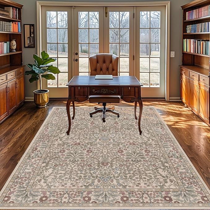 Vintage Moss Living Room Rug, 6x9 Washable Area Rugs for Dining Room Under Table, Soft Low Pile Large Carpet Bedroom, Non-Slip Boho Floral (6 x 9 Moss)
