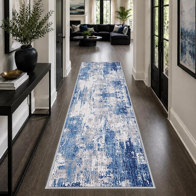 RELEANY Washable Runner 2'x6' Abstract Area Rug for Hallway Blue Gray | Carpet for Kitchen, Entryway, Bathroom, Living Room, Bedroom, Printed Pattern, Non‑Slip, Soft, Stain‑Resistant, Easy to Clean
