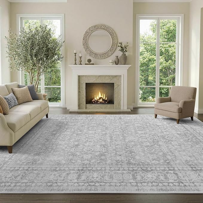 8x10 Ft Large Area Rugs for Living Room, Soft Non-Slip Machine Washable Rug, Vintage Stain Resistant Carpets for Bedroom Nursery Dining Room Home Decor (Grey)