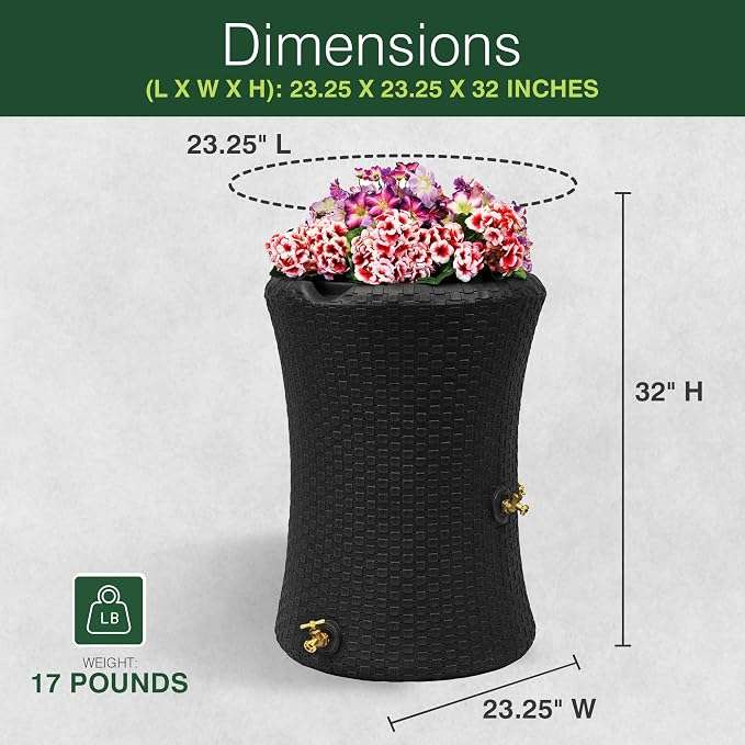 Good Ideas Impressions 50 Gallon Nantucket Outdoor Home Rain Barrel Water Storage Collector with Garden Planter and Brass Spigot, Dark Brown