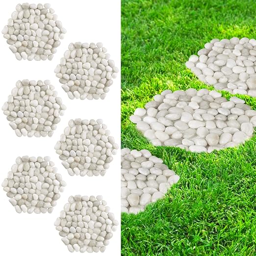 River Rock Stepping Stones Outdoor for Garden Walkway, 10 inch 6 Pcs Hexagon Shape Paver Step Stones Polished Pebble River Stone Mat for Yard Lawn Patio Pathway Walk Way - White