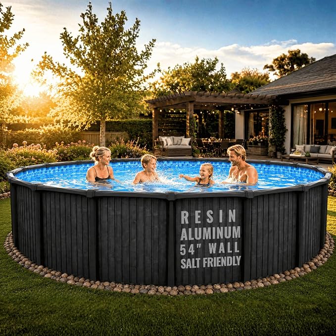 24 FT 54-Inch Round Above Ground Swimming Pool Kit | Saltwater Friendly Aluminum Wall Pool Set with Heavy Duty Premium Resin Top Rails & Uprights | Includes 20 Mil Overlap Liner, Skimmer & Return