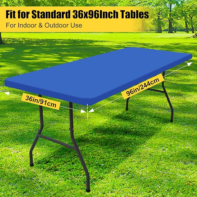 Smiry 6 Pack Rectangle Picnic Table Cloth, Waterproof Elastic Fitted Tablecloths, Washable Polyester Rectangular Patio Table Cover for Camping, Indoor and Outdoor (Blue, 36"x96")