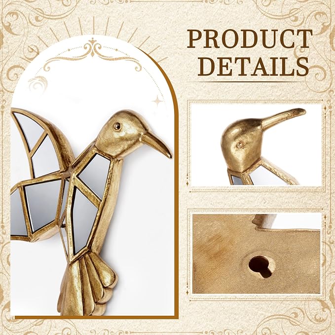 Sliner 2 Pcs Hummingbird Mirror Wall Decor, Gold Resin Aesthetic Bird Wall Art, Vintage Decorative Hanging Glass Mirrors for Victorian Home, Elegant Nature Inspired Summer Wedding Gift