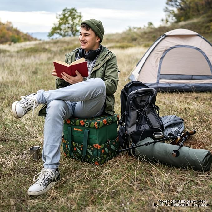 30L Collapsible Garden Seat & Storage Box, Heavy Duty Floral Organizer Bag with 10 Side Pockets, Portable Foldable Stool for Camping, Picnic, Car Trunk and Home
