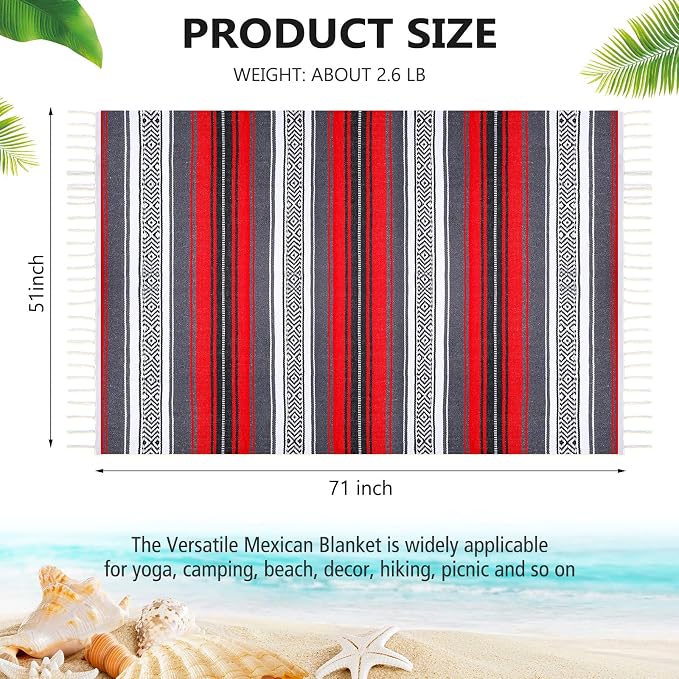 Oudain 4 Pcs Mexican Blankets Bulk Handwoven Mexican Yoga Blanket Towel Colorful Falsa Serape Woven Throw Blanket Boho Beach Blankets for Outdoor Camping Beach Picnic Travel Home(Red)