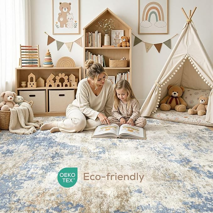 Nakagishi 6X9 Abstract Washable Area Rugs for Living Room-Blue Brown | Modern Non-Slip Silicone Backing Low Pile Soft Carpet for Bedroom Dining Decor for Families with Kids and Pets