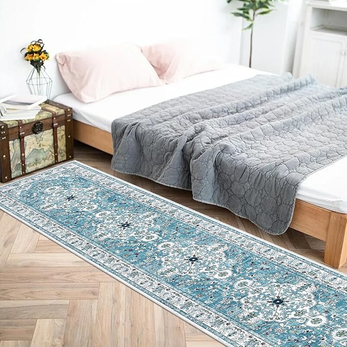 U'Artlines 2' x 12' Boho Hallway Runner Rug, Washable Carpet, Teal | Non Slip, Vintage Farmhouse Accent Area Rug Carpet, for Kitchen Entryway Laundry and Living Room