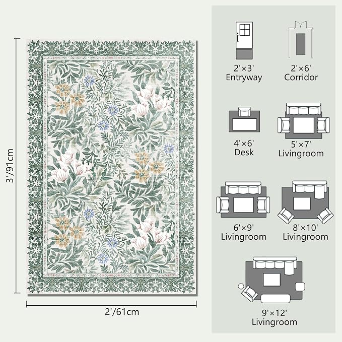 Botanical Floral Washable Entryway Area Rug 2x3 Light Green Cream Vintage Garden Design, Perfect for Soft Door Mat Indoor Entrance, Ultra-Thin Easy Clean Small Throw Carpet for Bedroom Bathroom