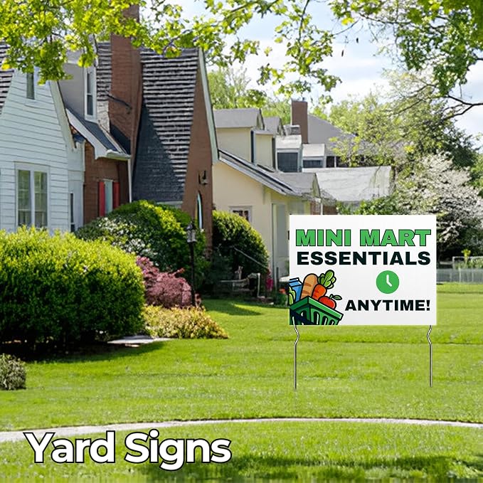 Mini-Mart - Essentials Anytime! Yard Sign by DC | 24"x18" Double Sided Conv. Store Garden Sign with 13” Metal Stakes | Outdoor Signs Waterproof for Lawn, Patio, Sidewalk & House | Set of 4