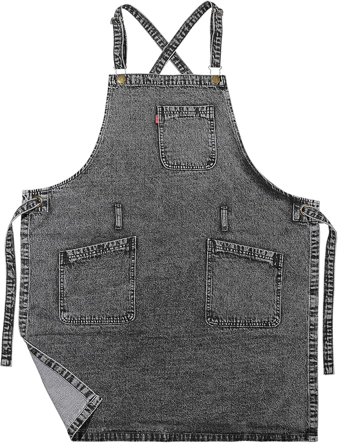 Denim Chef Apron for Women with Pockets, Jean Waitress Server Kitchen Apron for Men Cooking Gardening Painting