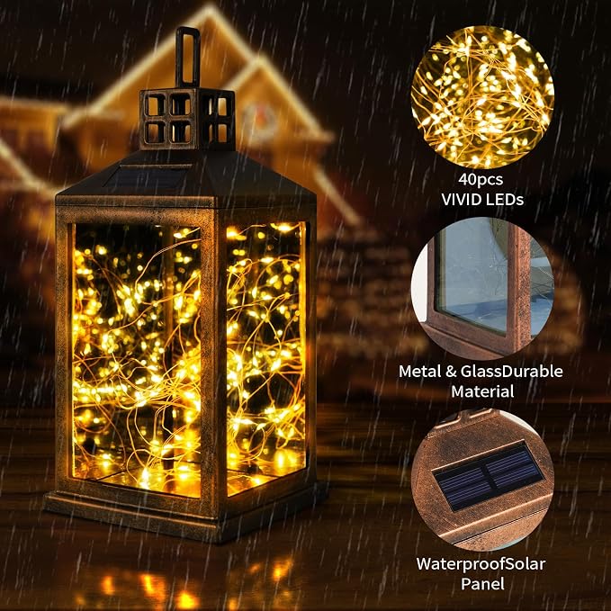Solar Lantern Outdoor, Garden Hanging Lantern Solar Powered - Glass Waterproof Brushed Copper Solar Table Lantern Decorative Lights Flash and Steady-on Modes for Patio, Backyard, Garden