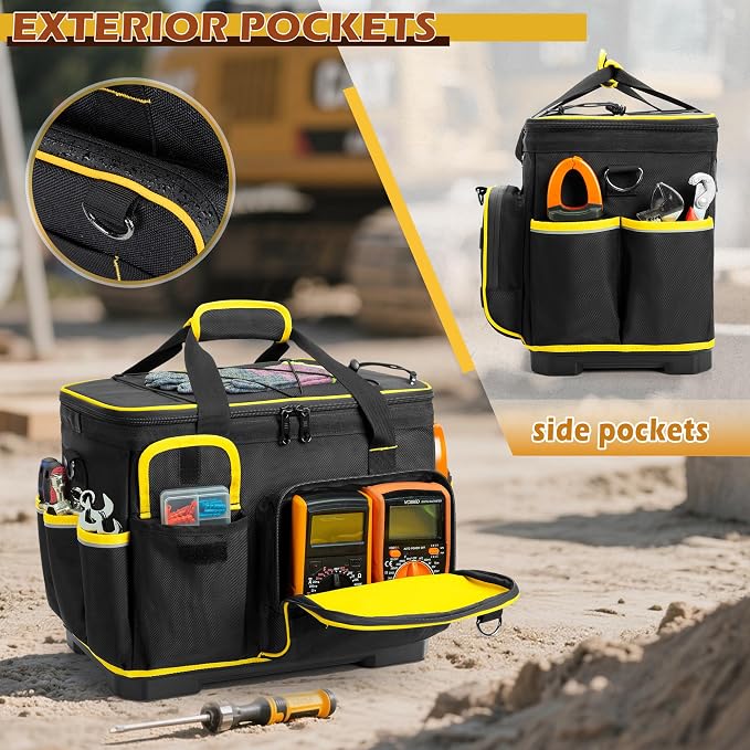 Marscamd 16-inch Tool Bag with Hard Bottom and a Detachable Divider, Heavy Duty Tool Tote with Multiple Pockets, Black