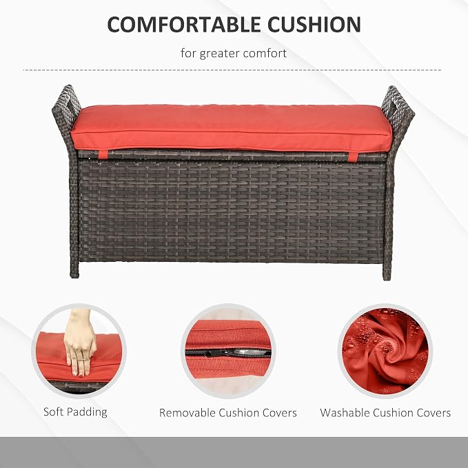 Outsunny 29 Gallon Patio Wicker Storage Bench, Outdoor PE Rattan Furniture, 2-in-1 Large Capacity Rectangle Garden Storage Box with Handles and Cushion, Red