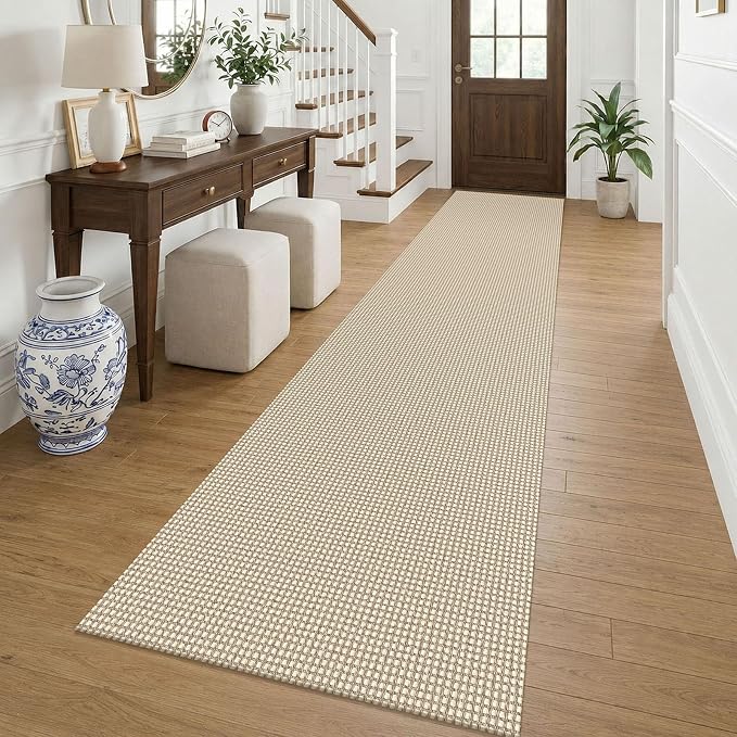KOZYFLY Cotton 2.5'x12' Runners Rugs for Hallway, Long Washable Runner Rug, Woven Non Slip Kitchen Runner, Braided Entryway Rug, Floor Carpet for Entry, Aisle, Hall, Ivory/Camel/Brown