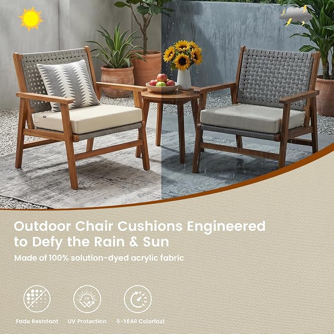 Favoyard Patio Chair Square Cushions Set of 2, Beige, 19 x 19 x 3 inches | 5-Year Fade-resistant & Water-resistant Memory Foam Pad with Removable Cover & Ties for Outdoor Furniture Dining Chairs Seat