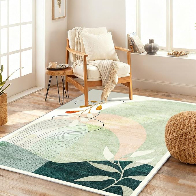 3x5 Rug Washable Area Rugs Low Pile Non Slip Mid Century Modern | Small Throw Carpet for Bedroom Entryway Living Room Office Bedside Entry Indoor Boho Abstract Retro Geometric Green