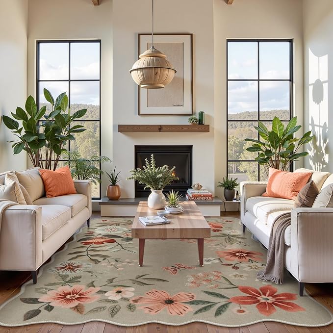 Lahome Floral Washable Rugs 8x10, Non-Slip Soft Bedroom Rug Stain Resistant | Ultra-Thin 8x10 Rugs for Living Room Boho Rug Accent Carpet for Dining Room Office Flore (8x10ft, Brown)