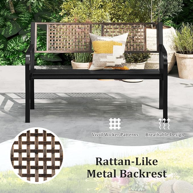 Tangkula 50” Outdoor Metal Park Bench, Outdoor Garden Bench for 2-3 People with Rattan-Like Backrest & Curved Armrests, Heavy-Duty Patio Modern Slatted Seating for Backyard, Poolside, Porch