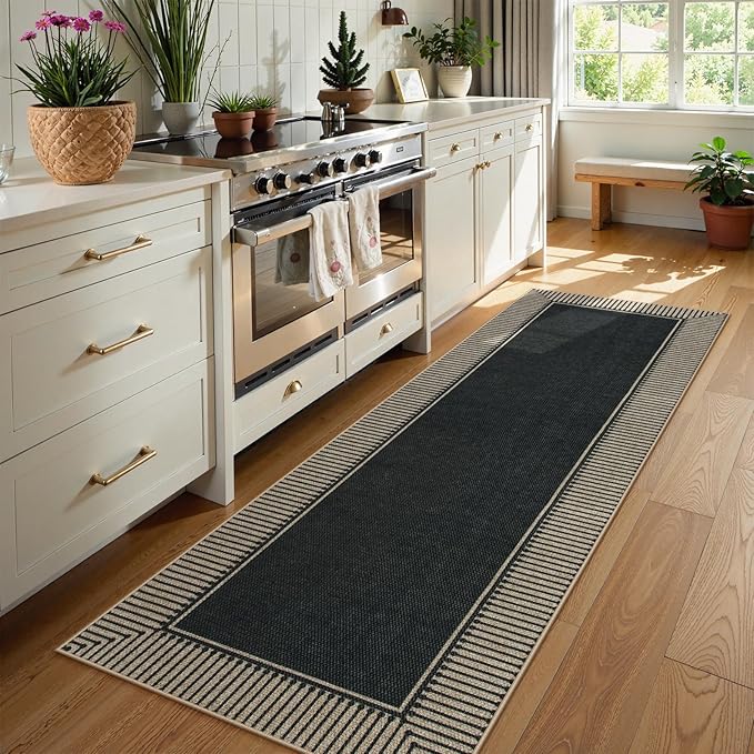 Moynesa Washable Black Striped Border Easy Jute Runner Rugs 2x6, Entryway Rug Runners for Kitchen, Farmhouse Indoor Outdoor Non Slip Carpet for Hallways Bathroom Bedroom Laundry