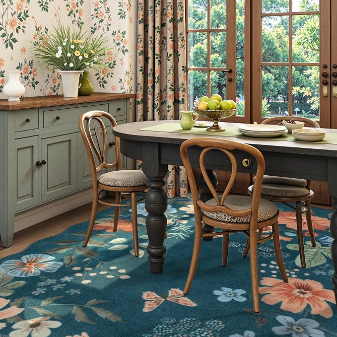 Lahome Floral Washable 6x9 Area Rugs, Soft Bedroom Rugs for Living Room | Ultra-Thin Non Slip Dining Room Rug, Stain Resistant Boho Blue Rugs Throw Carpet for Office Flore (6'x9',Navy Blue)
