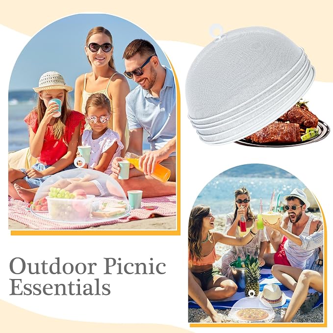 Gerrii 6 Pcs Metal Mesh Food Cover Outdoor Mesh Food Tents Dome Screen Plate Covers for Dinner Plates Reusable Fruit Fly Nets Picnic Umbrella for Table, BBQ, Camping, Party (White,14 Inch)