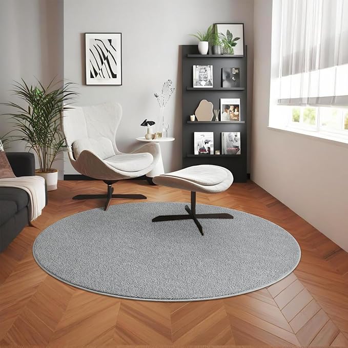 4' Grey Round Area Rug Modern Solid | Washable Memory Foam, Low Pile Non Slip Indoor Carpet for Living Room Bedroom Office Classroom College Dorm Room Home Decor