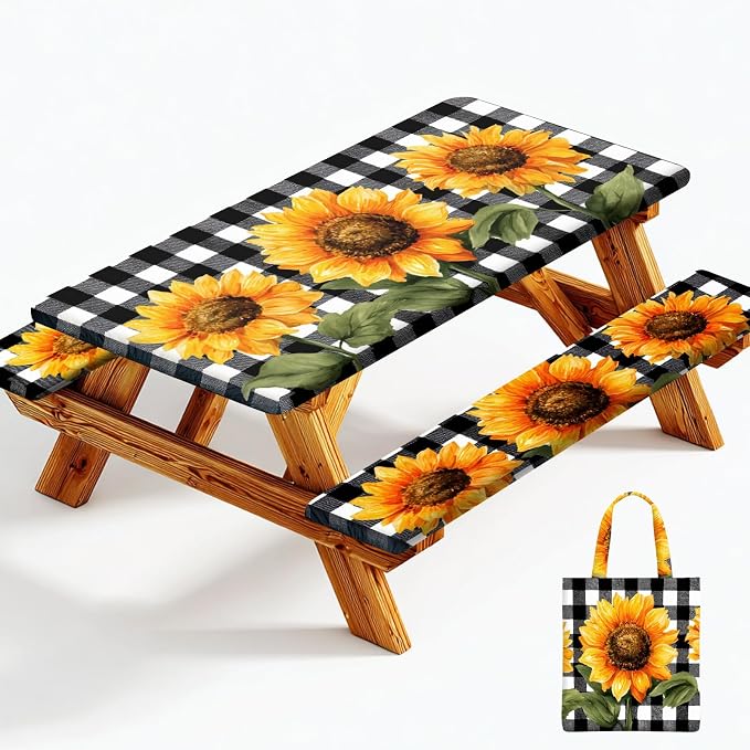 Picnic Table Cover with Bench Covers Elastic Edges, Outdoor Patio Camping Essentials 72 Inch 3PCS, Waterproof Camping Fitted Tablecloth with Handbags (Sunflower buffalo plaid)