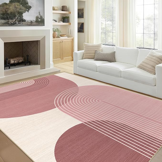 Large Area Rug 6x9 Boho Rug Living Room Bohemian Rugs Machine Washable Modern Geometric Rug Non Slip Printed Low Pile Indoor Floor Carpet for Dining Room Bedroom Office,Pink