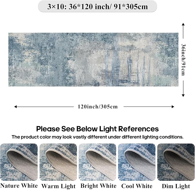 3x10 Abstract Modern Extra Long Runner:Non Slip Washable Rug Blue | Indoor Hallway Carpet for Long Entryways, Kitchen, Bedroom - Soft Thin Low Pile Floor Runners for High Traffic Areas