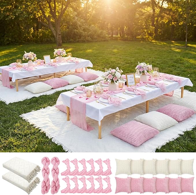 Beeveer 28 Pcs Picnic Kit 91x71 Extra Large Outdoor 2 Boho Picnic Blanket with 2 Pink Table Runner, 12 Throw Pillow Cover 12 Napkin Woven Cotton Yarn Oversize Washable Beach Blanket for Camp Wedding