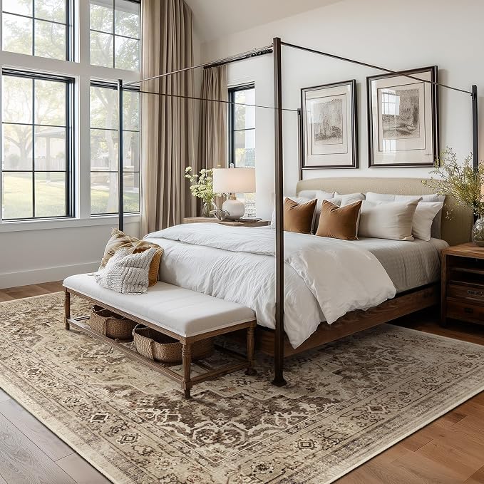 8x10 Brown Medallion Rugs for Living Room, Vintage Transitional Washable Large Rug for Bedroom Under Bed, Low Pile Thin Soft Carpet Rugs for Dining Room Office, Earth Tone Taupe Brown Black