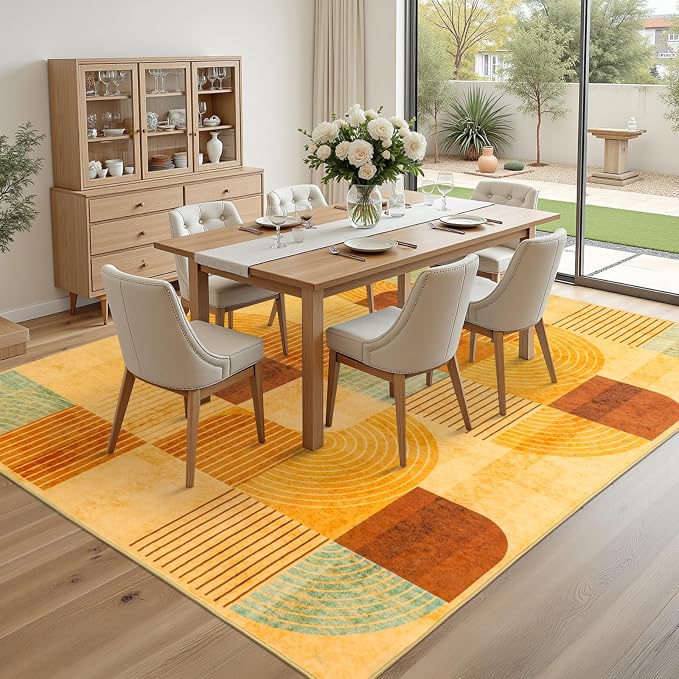 9'x12' Area Rug for Living Room, Washable Modern Abstract Soft Carpet | Non Slip, Indoor Floor Stain Resistant Large Carpet for Bedroom Dining Room Farmhouse Nursery Home Office, Burnt Orange