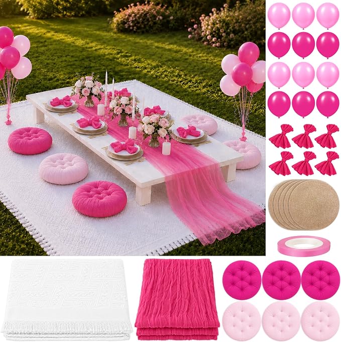 Cinrobiye Boho Picnic Party Set for Outdoor, Aesthetic Picnic Setup with Large Picnic Blanket, Floor Cushions, Table Runner, Napkins, Balloons for Wedding, Bridal Shower, Birthday (Pink)