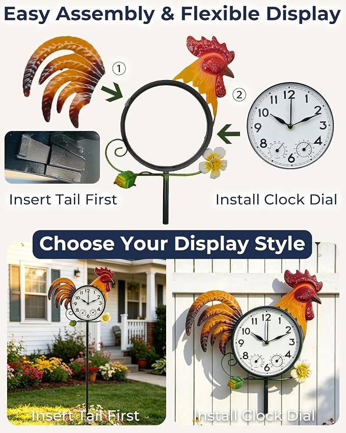 Rooster Outdoor Clock with Thermometer & Hygrometer | 41" Garden Stake or Wall Mount Design Weather-Resistant Metal Easy-to-Read Dial Farmhouse Garden Decor