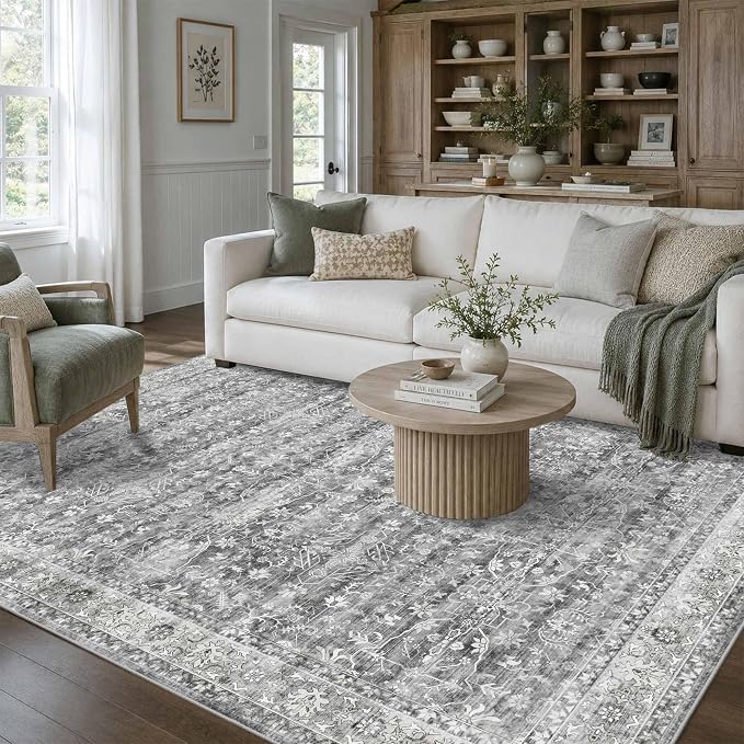 Latte&Fog 6x9 Area Rugs for Living Room Washable Vintage Grey Rugs Large | for Bedroom Kitchen Dining Kids Nursery Classroom Playroom Farmhouse Office Dorm, Non Slip Soft Carpet, Large Floral Rug