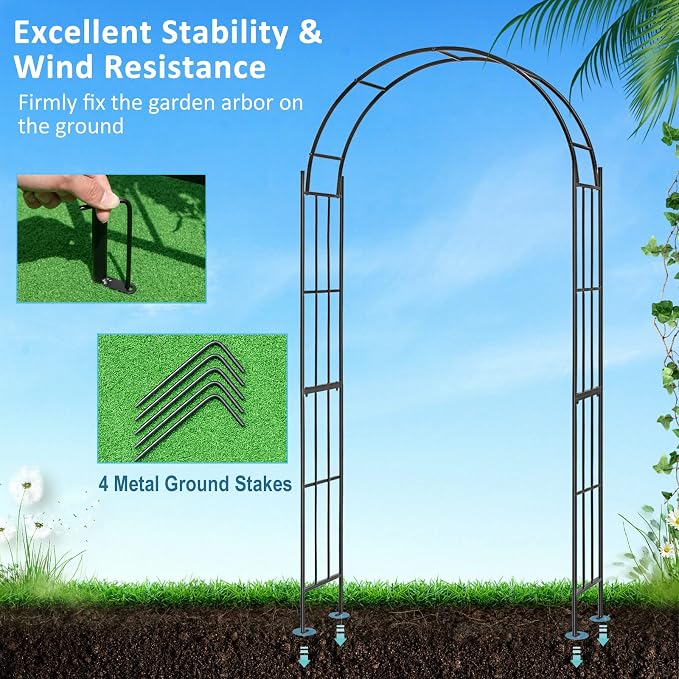 Giantex Garden Arch Trellis - 7.5 FT Metal Garden Arbor Archway for Climbing Plants Roses Vines, Outdoor Trellis Pergola for Wedding Bridal Party Ceremony Lawn Decor, 4 Stakes, Easy Assembly