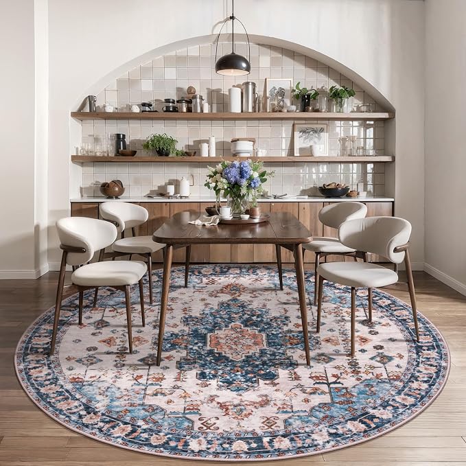 Tangsoo Washable Round Area Rugs 6ft, Vintage Non Slip Large Circle Rug | Boho Soft Circular Rugs,Oriental Large Round Rugs Carpet for Living Room Dining Room Bedroom Nursery Blue/Orange Home Decor